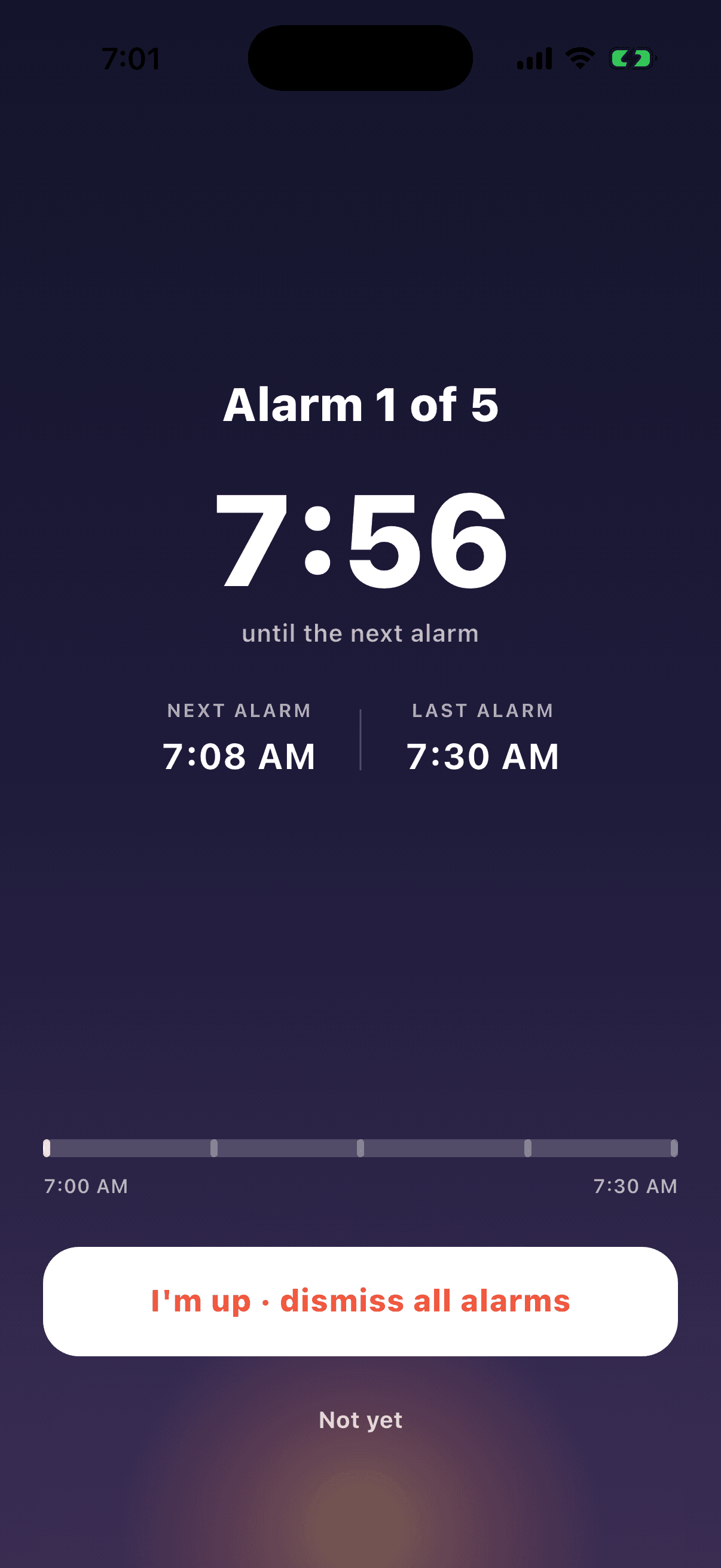 The first Slowrise alarm of the morning, counting down to the next one with a generous snooze