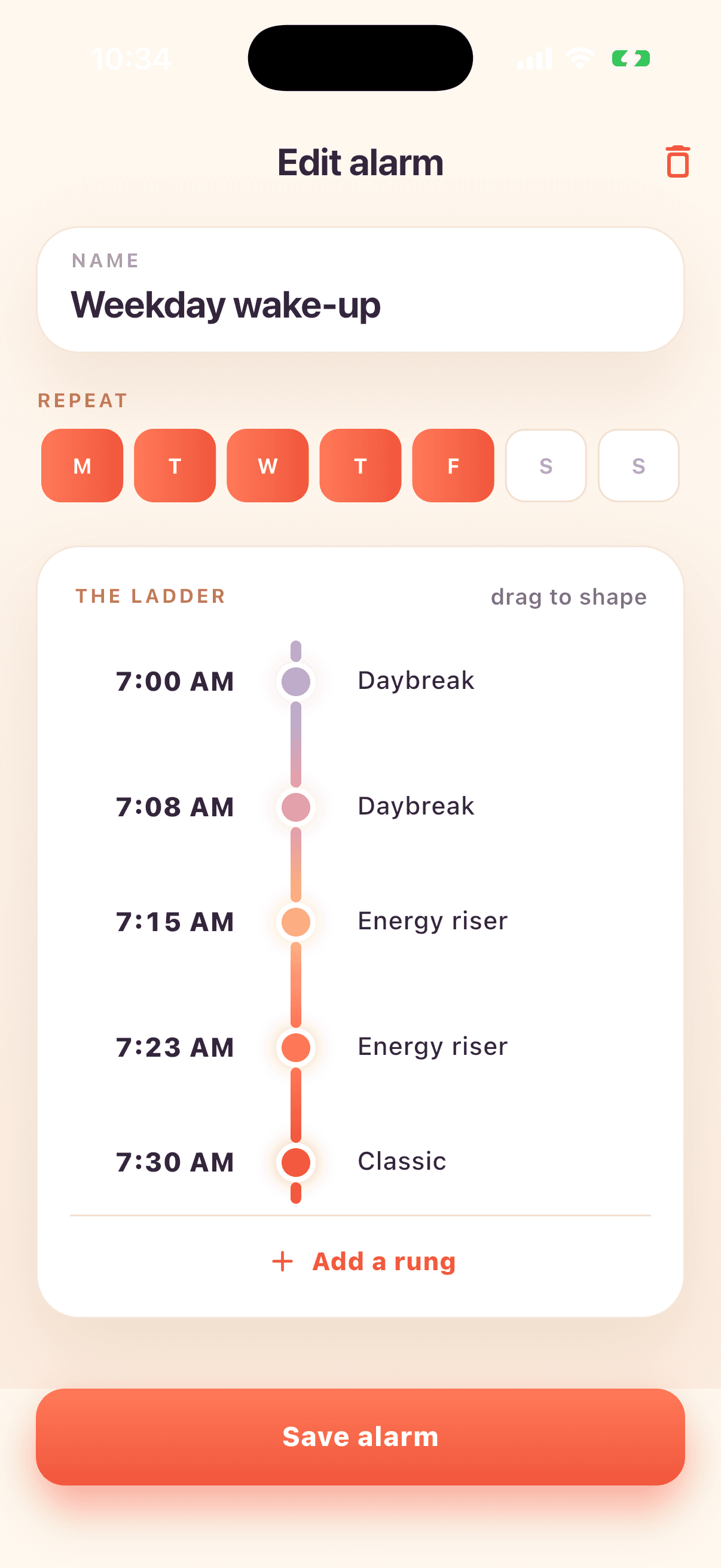 Editing a wake plan — its name, repeat days, and each rung of the ladder with its own sound