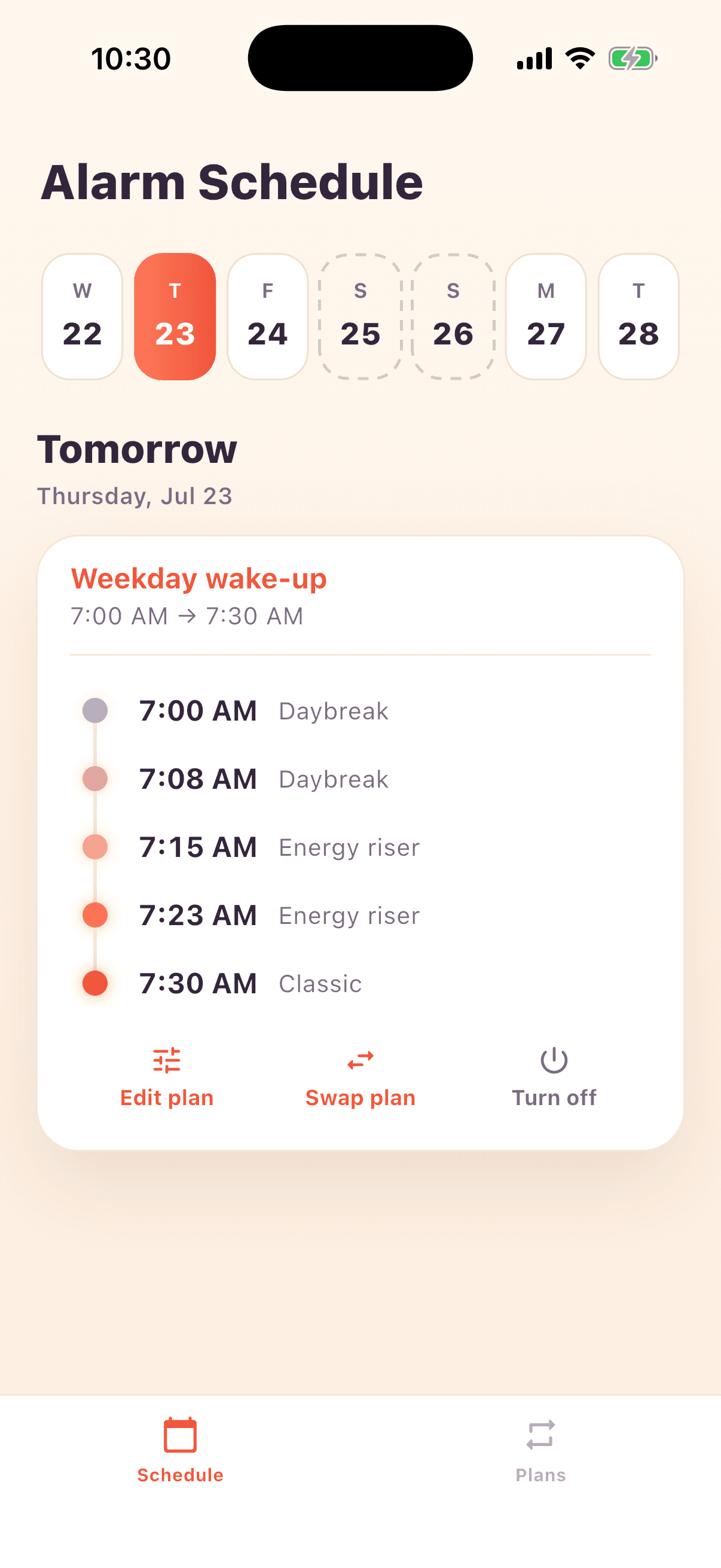 Slowrise schedule showing tomorrow's ladder of five alarms from 7:00 to 7:30